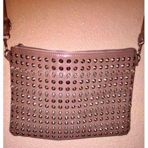 Skull Gold Studded Tan Vegan Leather Crossbody Shoulder Bag Handbag Clutch Purse